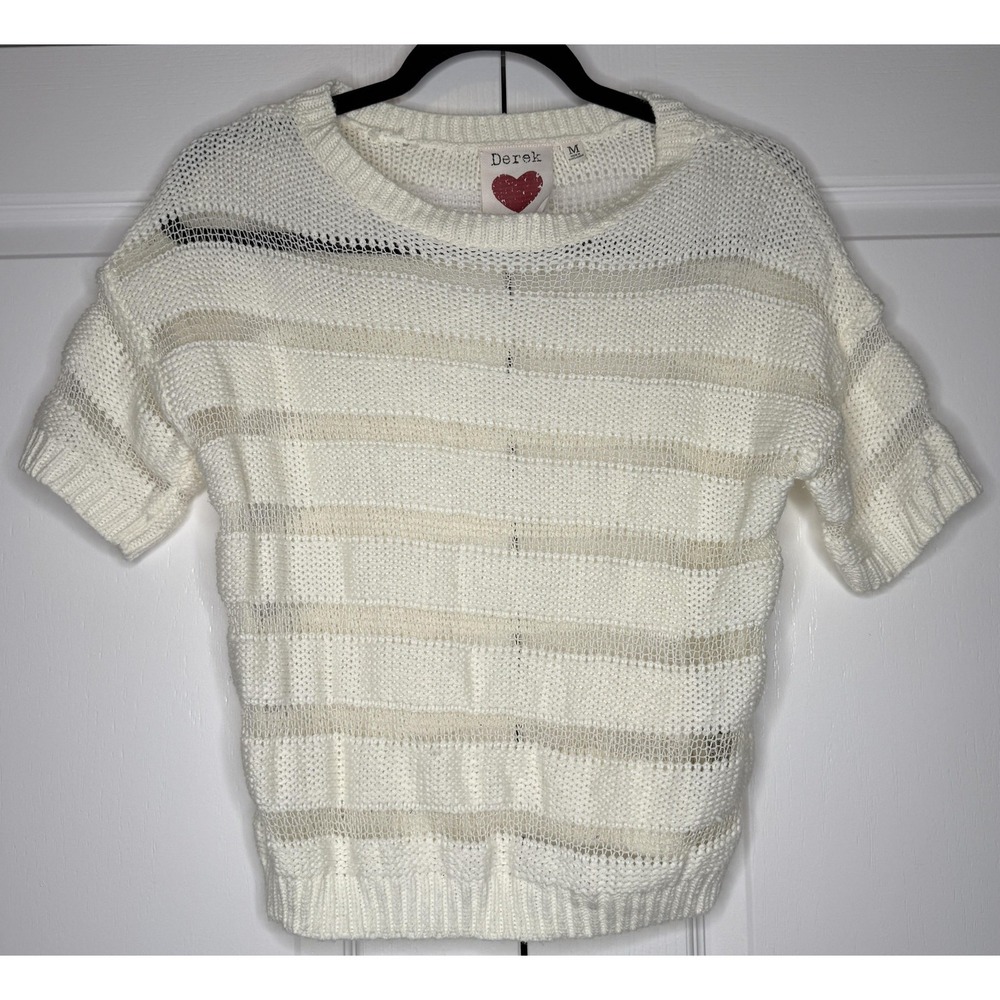 Derek Heart Sweater Juniors Medium White Short Sleeve Stripe Open Knit Pullover
